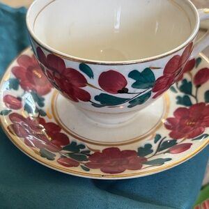 Floral Red and Green Porcelain Teacup & Saucer made in England